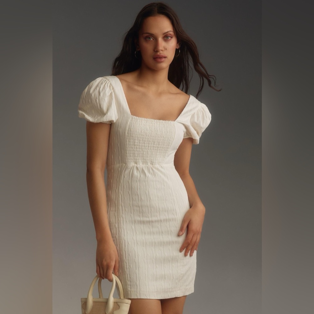 NEW WITH TAGS Anthropologie x Maeve Puff-Sleeve Square-Neck White Mini Dress